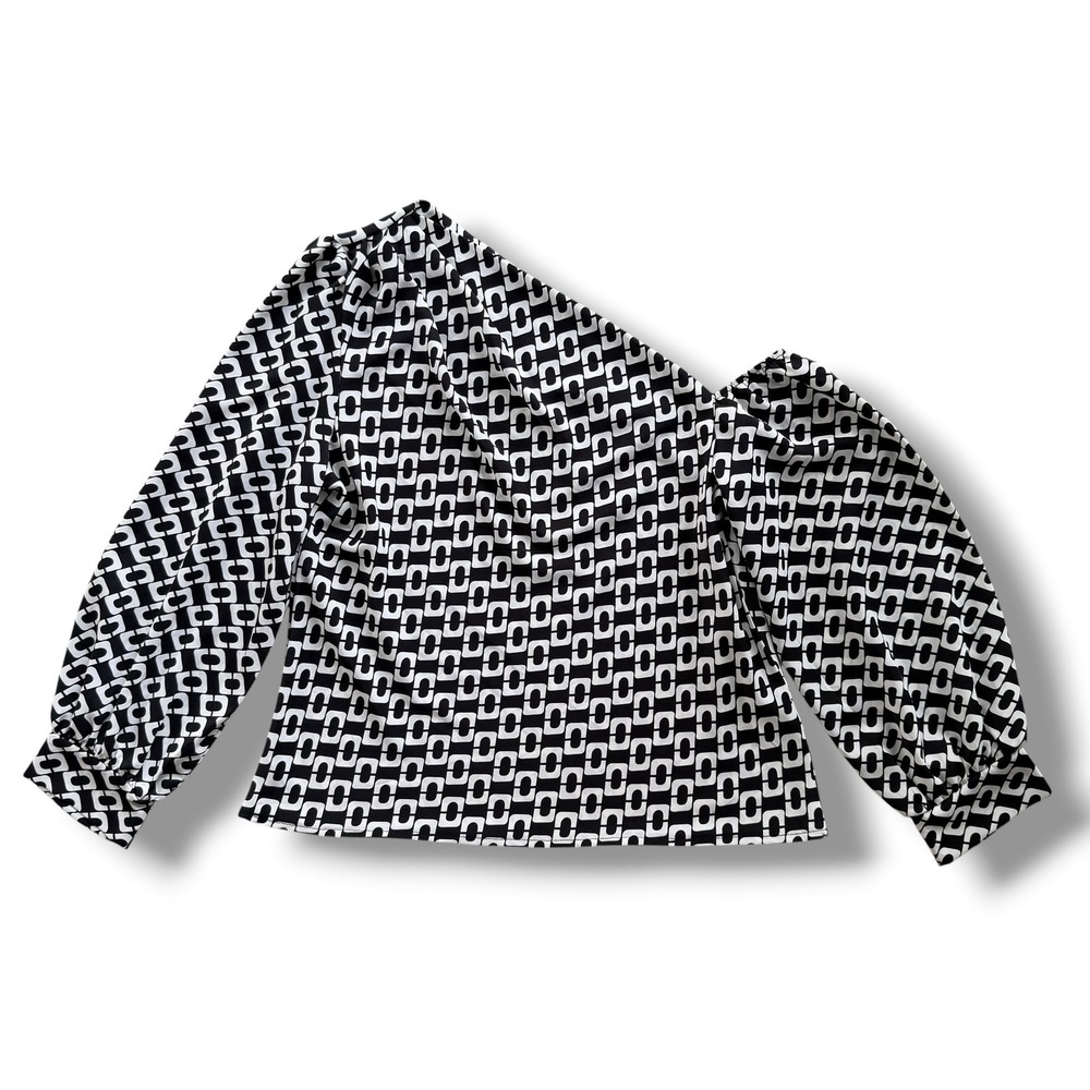 Women's XL Black White Geometric Print One Shoulder Balloon Sleeve Blouse Preppy